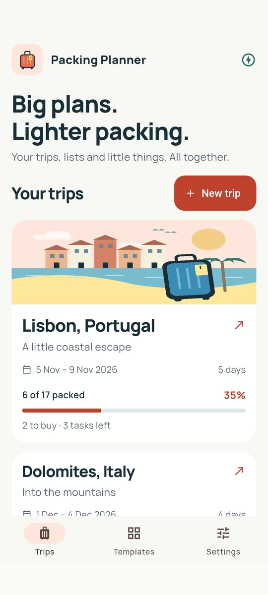 Packing Planner showing trips to Lisbon and the mountains