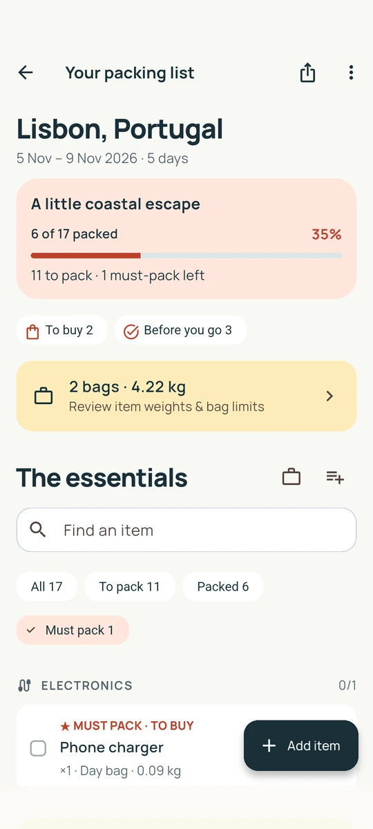 Must-pack filter in a trip checklist