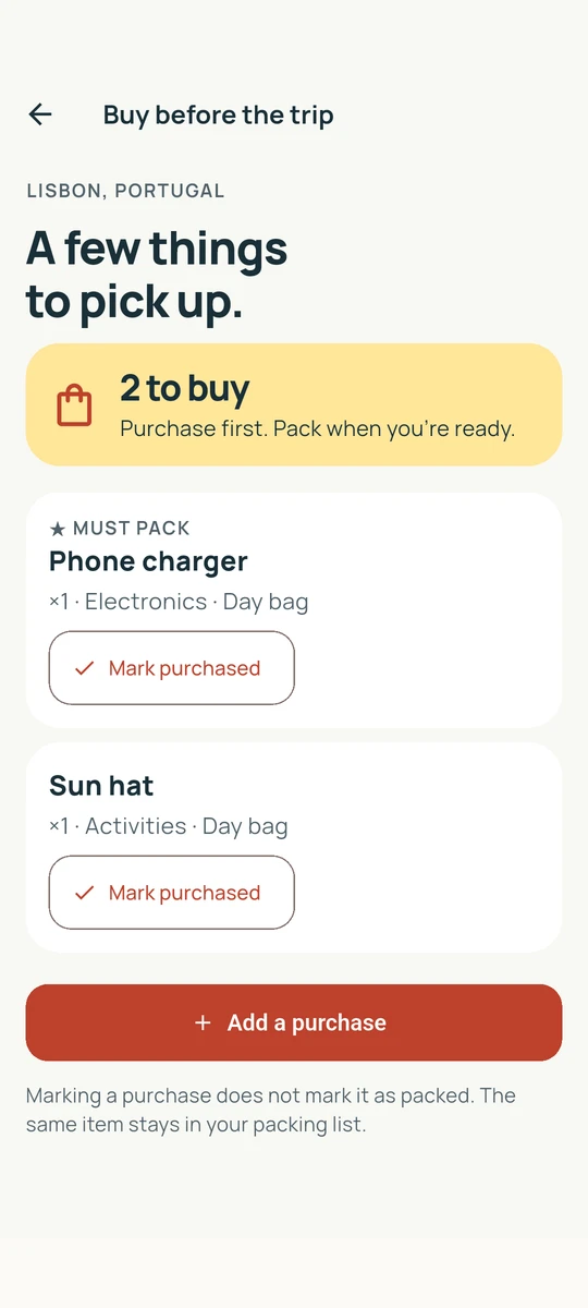 Shopping list with items to buy before a trip