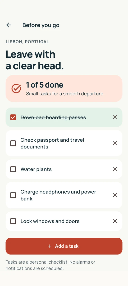 Personal departure checklist with travel preparation tasks